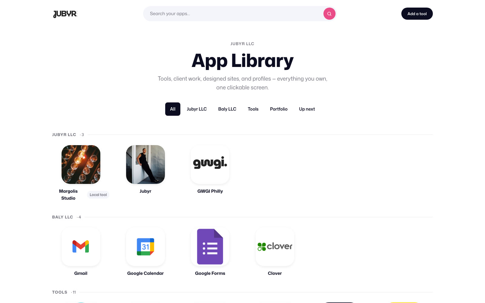 The App Library — a custom workflow home page built by the Jubyr LLC Design Studio