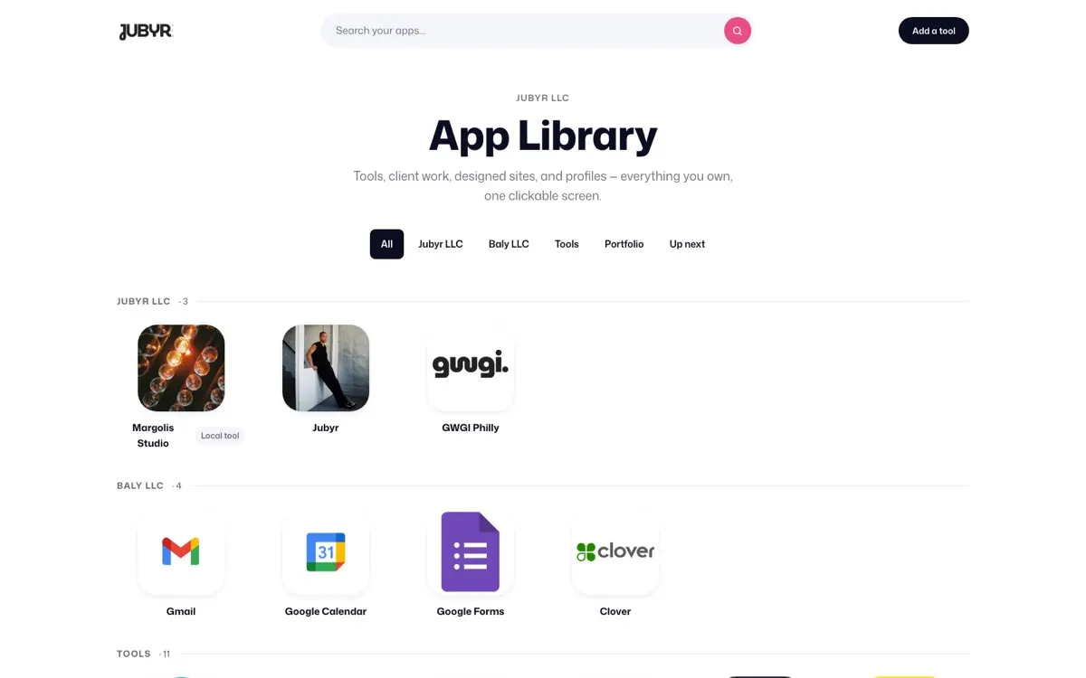The App Library — a custom workflow home page built by the Jubyr LLC Design Studio